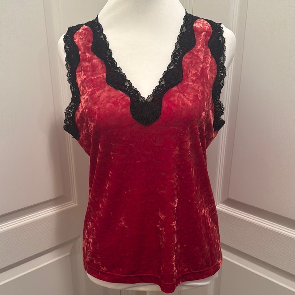 NWOT Elegant Red Velvet Top with Black Lace Trim